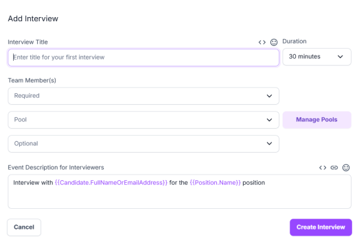 Add Interview dialog showing title, duration, team members, and event description fields